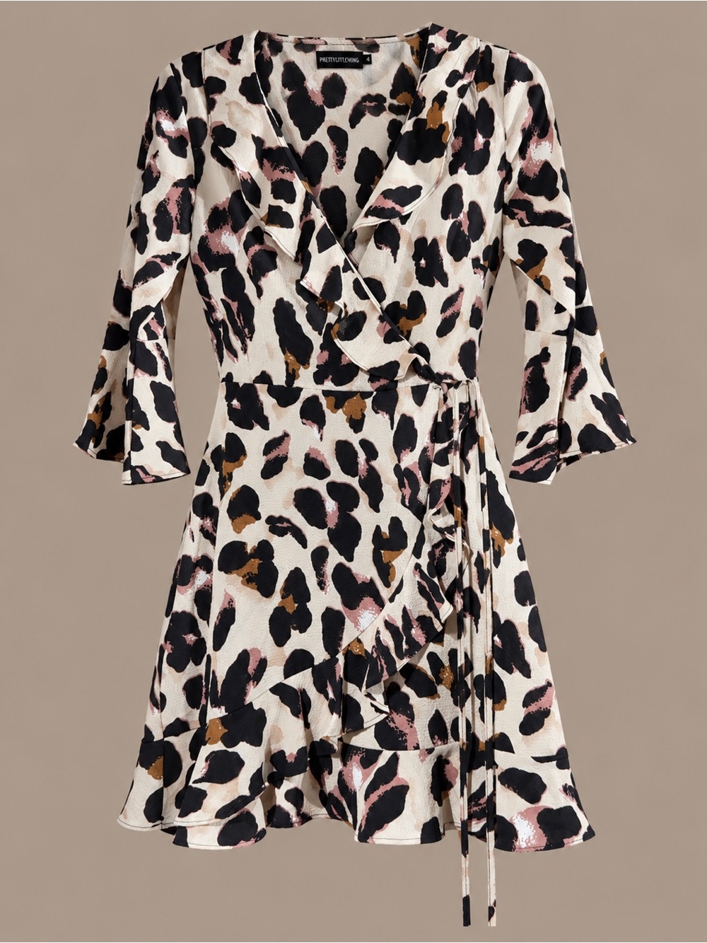PrettyLittleThing Cream Leopard Print Wrap Mini Dress with Pink & Black Spots
